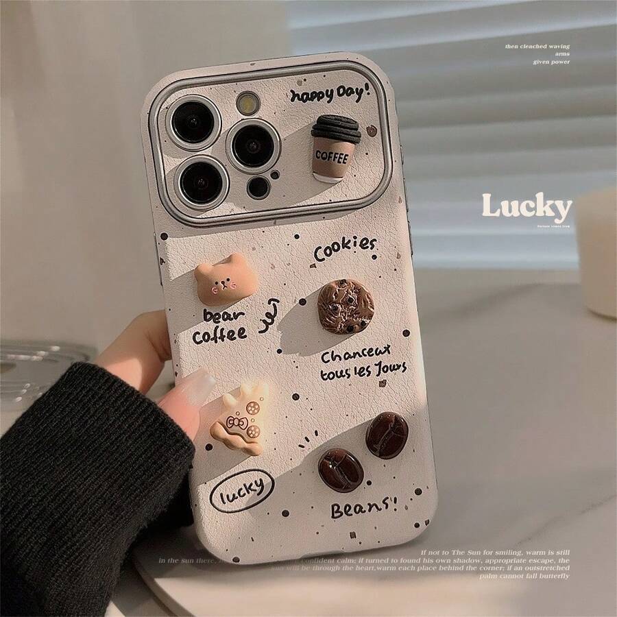 奢华真皮可爱小熊元素防震时尚手机壳,高级保护套,1个装,Gucadi泼墨3D咖啡熊真皮手机壳,兼容苹果 16/15/14/13/12/11系列,可爱卡通卡哇伊大窗口防震手机保护套,防水防摔防刮,春季妈妈生日派对礼物 - 白色 - 查看 1