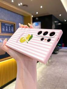 1pc Fashion Pure Android Lemon Stripe Pattern Pink Straight Edge Shockproof Anti-Drop Full Lens Coverage Protective Phone Case, Minimalist & Stylish, Suitable For Men & Women, Ideal For Fashionistas, Compatible With Samsung/// Y20/Y21/Y03/HONOR X8/X8B/X7A/X5/X9B/X9A - Pink - View 5