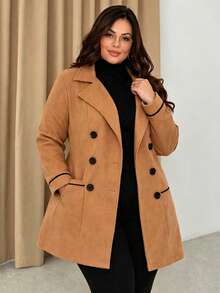 Women's Plus Size Lapel Double-Breasted Long Sleeve Long Coat, Perfect Choice For Autumn/Winter - Khaki - View 3