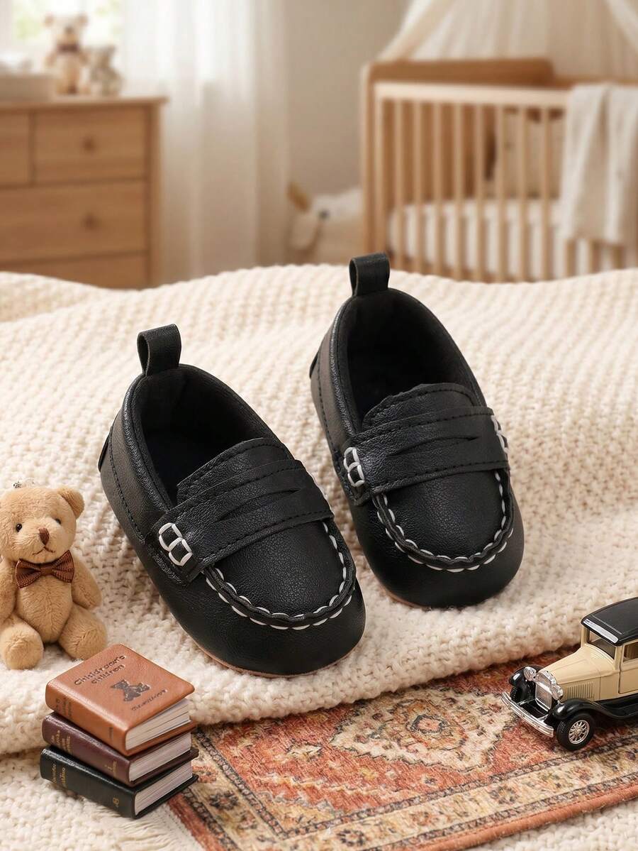 1 Pair Newborn Infant Boy's Solid Color PU Slip-On Soft Sole Breathable Lightweight Casual Sports Shoes, Simple And Comfortable, Suitable For Spring And Autumn (0-3 Months) - Black - View 1