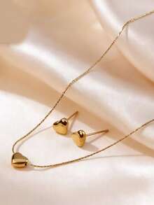 RAYQUEEN Minimalist Stainless Steel Perforated Small Heart-Shaped Fashion Versatile Heart Necklace And Stud Earrings Set Jewelry For Women, Suitable For Daily Wear - Gold - View 3