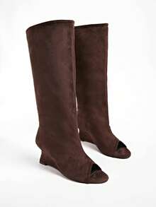 Women's Over-The-Knee Long Boots, Autumn/Winter New Style, Slimming High Heel, Chunky Heel, Wedge Heel, Fold-Down Shaft Boots - Brown - View 4