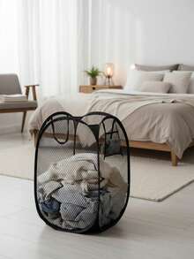 1pc Black And White Foldable Laundry Basket With Handles And Side Pockets, Large Capacity Pop-Up Laundry Cart Basket, Foldable Mesh Dirty Clothes Storage Basket With Handles, Please Check Size Label Before Purchase, Also Suitable For Bathrobe Storage, Valentine's Day Gift - Multicolor - View 10