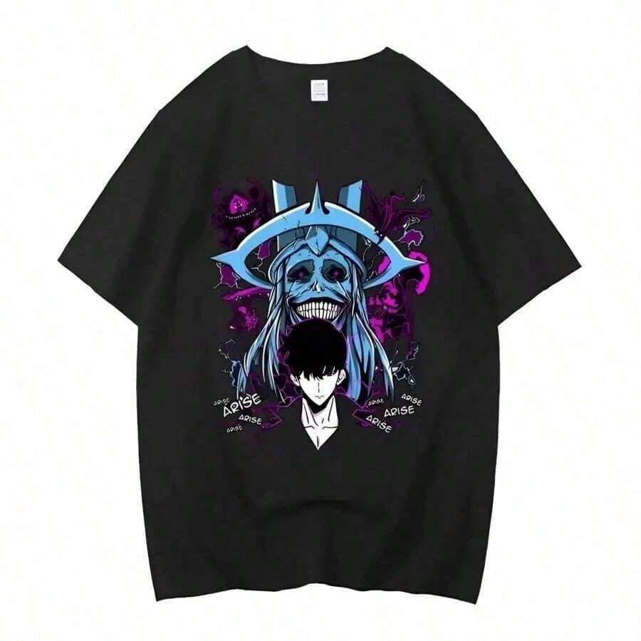 Gifts For Mom: Solo Leveling Sung Jin-Woo & Igris Arise Graphic T-Shirt, Oversized Anime Manhwa Streetwear Top, Retro Dark Fantasy T-Shirt For Men And Women, Gift For Couple - 黑色 - 查看 1