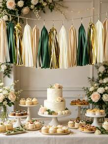 1pc Sage Green & Gold Tassel Garland Tulle Tassel Banner Set, Teal Tassel Garland, Teal & Gold Birthday Party Decor, Suitable For Wedding And Party Birthday Supplies - K - View 1