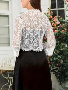Cárdigan Corto de Encaje Novia Damas Vestido de Boda Cheongsam Chal Fiesta Noche Chal de Encaje Mujer - Blanco - Ver 5
