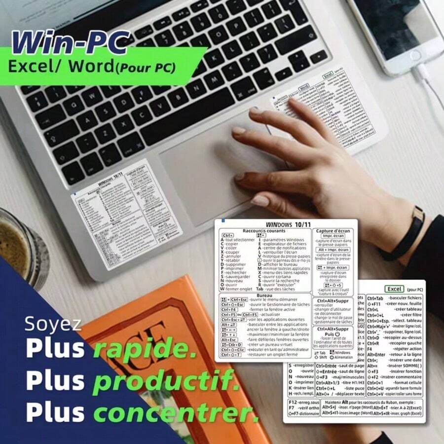 2 peças Autocolantes Reutilizáveis Autoadesivos para Atalhos de Teclado, Compatíveis com Windows, Word e Excel, Guia de Referência Rápida em PVC Fosco (Branco e Transparente), Design Francês, Layout Claro, Descolar e Colar Sem Deixar Resíduos - Ver 1