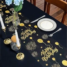 1件黑色&金色生日桌旗，金箔氣球與煙花圖案桌布，275*28cm 聚酯纖維桌布，生日快樂裝飾，1歲生日派對裝飾，生日慶祝用品，生日居家裝飾，廚房裝飾，桌面裝飾，新娘派對禮物，節日派對用品 - 黑金 - 查看 7