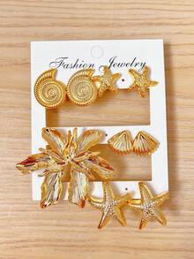 1/5 Pairs Ocean Series Gold Starfish & Seashell Stud Earrings Set - Gold - View 1