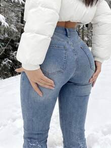 Y2K High-Waisted Skinny Light Blue Cropped Length Jeans, Stretchy Slim Fit Jeggings Fall - Light Wash - View 7