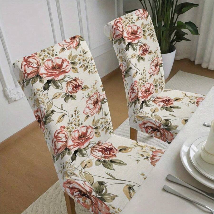 Floral Stretch Chair Covers, Two Rose Prints: Vintage Blush Peony & Vivid Red Rose, Multi Packs(1/2/4/6/8pcs), High Elastic Full Wrap Washable, 2D Printed, Easy Install For Dining, Party Decor & Gifts.
