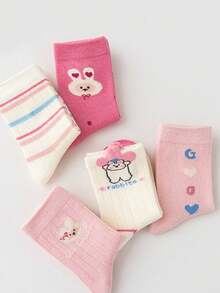 5 Pairs Kids Floor Socks Pink Cartoon Flower & Rabbit Pattern Dotted Grip Soft Sole Indoor Anti-Slip Mid-Calf Socks For Baby Boys & Girls Japanese Style - Multicolor - View 5