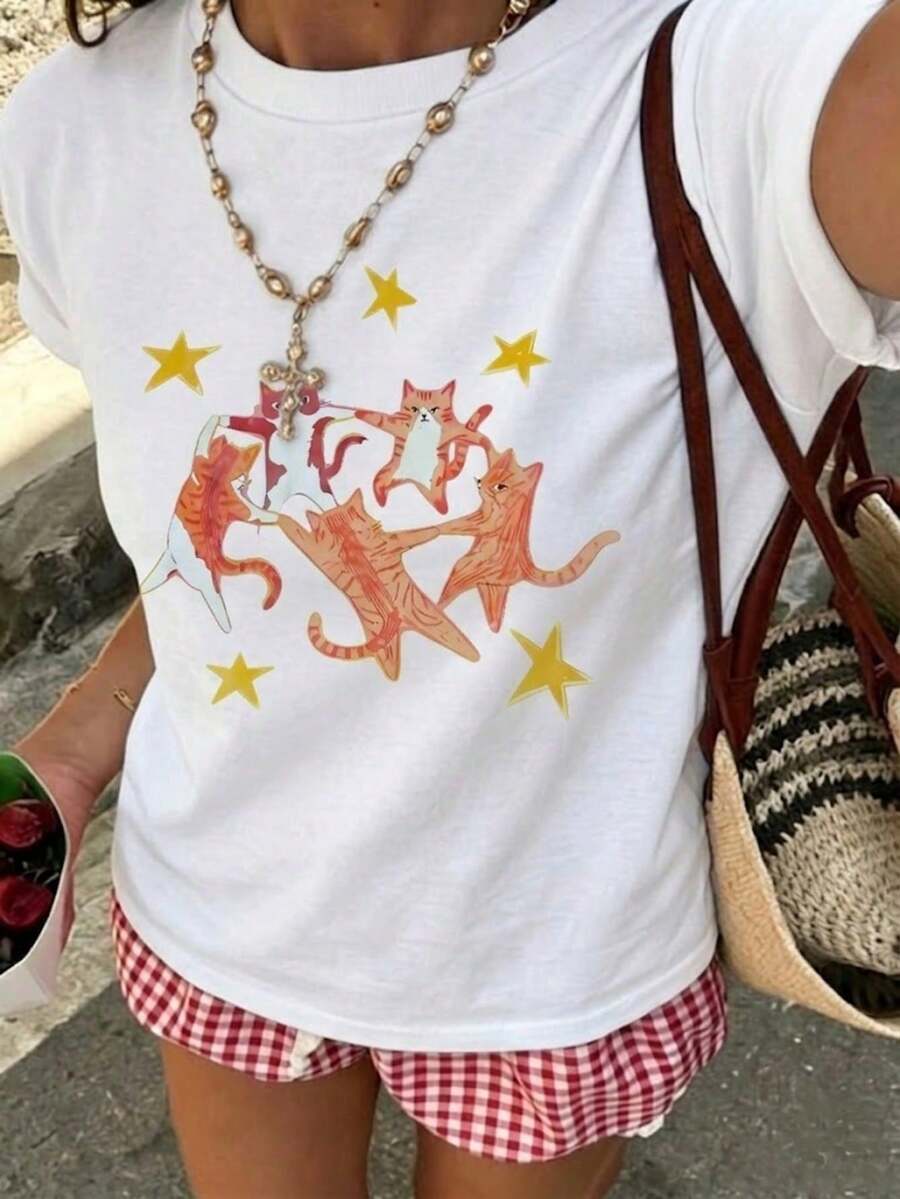 Camiseta vintage de estilo de los años 2000 con estampado de gato bailando y estrellas, suelta y cómoda, adecuada para uso casual en verano - Blanco - Ver 1