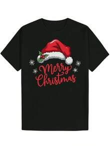 Camiseta gráfica vintage de Navidad con gorro de Papá Noel y bayas de acebo para hombre, manga corta, 1 pieza, regalo festivo para papá, S-XXXL - Negro - Ver 1