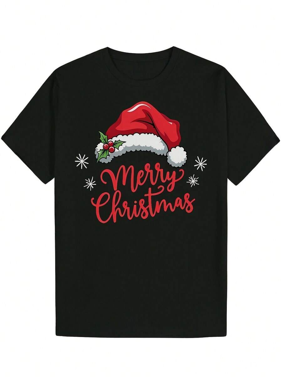 Camiseta gráfica vintage de Navidad con gorro de Papá Noel y bayas de acebo para hombre, manga corta, 1 pieza, regalo festivo para papá, S-XXXL - Negro - Ver 1