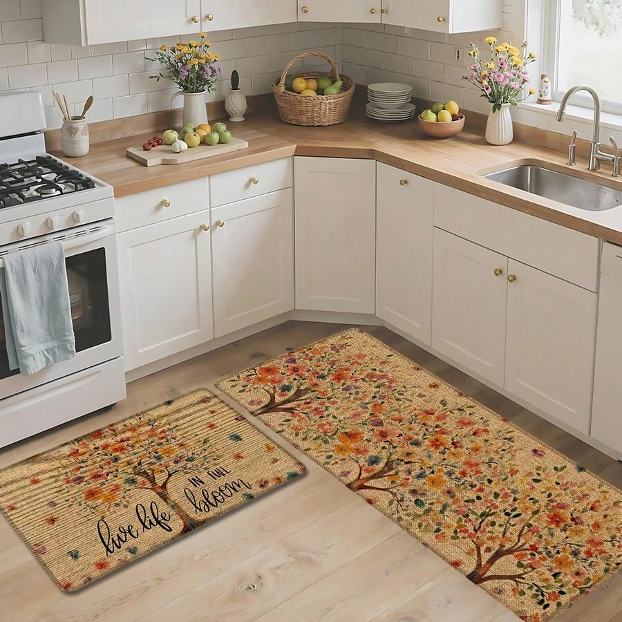 1pc Home Decor, Floral Tree Pattern Printed Linen Kitchen Rug, Kitchen Mat, Floor Mat, Bathroom Mat, Door Mat, 3D Printed Rectangular, Suitable For Living Room, Bedroom, Hallway, Bathroom, Laundry Room - Polyester Rug, Suitable For Indoor And Outdoor Home Decor - Multicolor - View 1