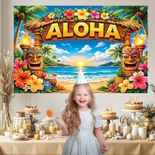 Pancarta plana 2D, 1 pieza Pancarta de fondo de fiesta Aloha, Pancarta de foto de playa hawaiana con tótem tiki y flores tropicales, Decoración de fiesta de verano, Decoración del hogar, Sin necesidad de electricidad, Cumpleaños, Decoración de jardín, Arte de pared, Material de vinilo duradero, Accesorio para cabina de fotos - Multicolor - Ver 5