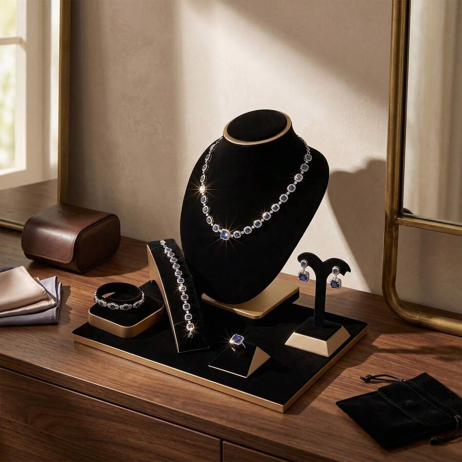 1pc Phnom Penh Black Velvet Luxury Jewelry Storage & Display Set Freely Combinable & Mix-And-Match Earring, Necklace, Bracelet - Gold-rimmed Necklace Stand - View 1