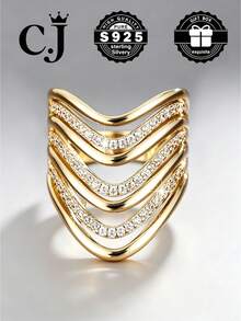 1pc 925 Sterling Silver Wave V-Shaped Cubic Zirconia Inlaid Ring, Size 7-11, Daily Wear Valentine's Day Gift, Comes With Gift Box - Gold - View 2