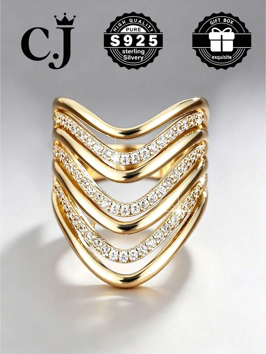 1pc 925 Sterling Silver Wave V-Shaped Cubic Zirconia Inlaid Ring, Size 7-11, Daily Wear Valentine's Day Gift, Comes With Gift Box