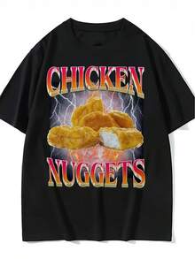 Humorous Retro Pattern T Shirt,Printed With Chicken Nugget Pattern - Black Fast Food Flame Design - Unisex,Comfortable And At Ease. - Black - View 1