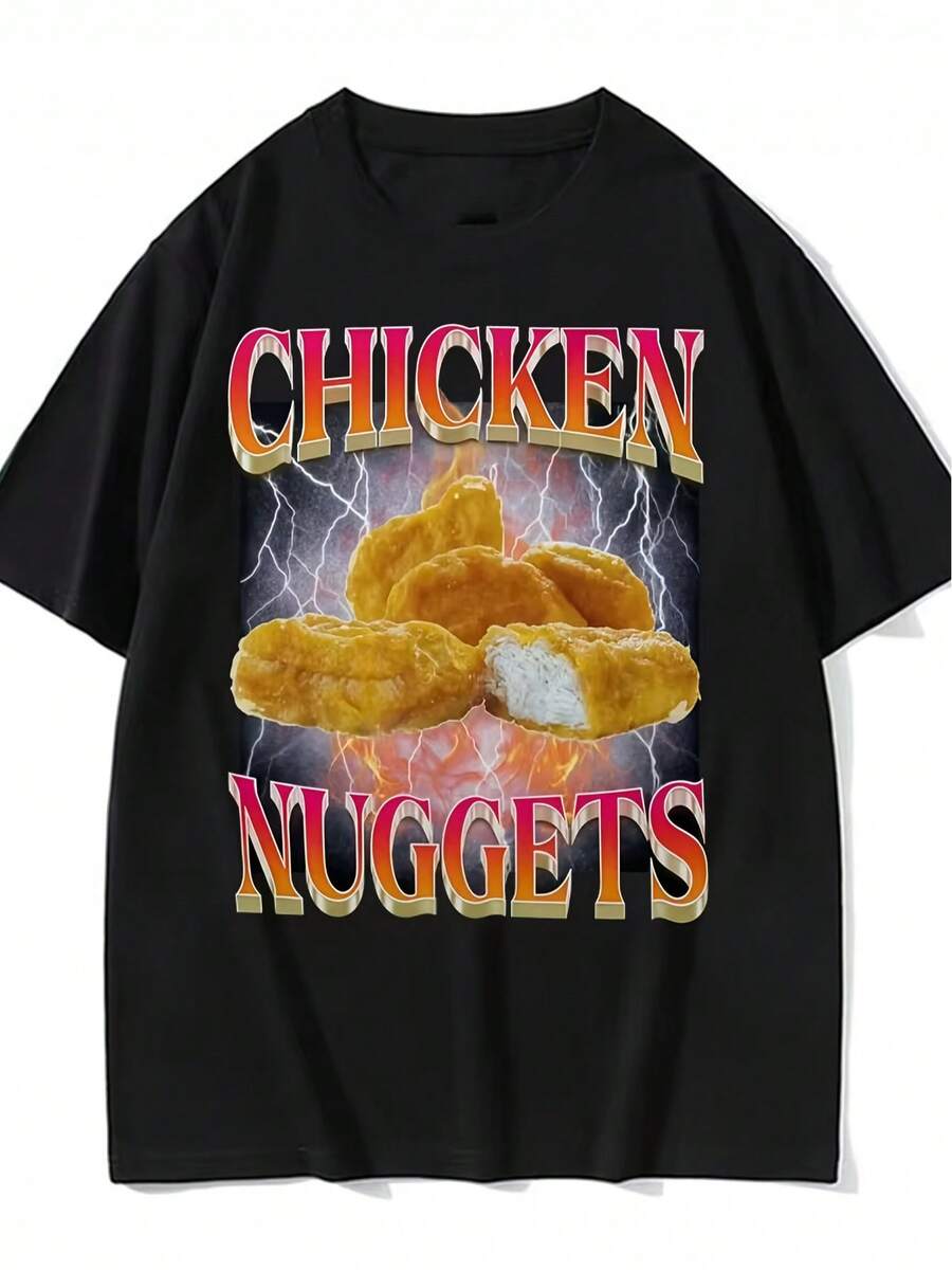 Humorous Retro Pattern T Shirt,Printed With Chicken Nugget Pattern - Black Fast Food Flame Design - Unisex,Comfortable And At Ease. - Black - View 1