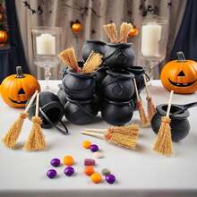 24pcs/Set Mini Plastic Cauldron With Mini Witch Broom, Black Witch Cauldron Bucket With Handle, Children's Halloween Candy St. Patrick's Day Coin Storage Box And Party Gift (12 Cauldrons + 12 Brooms) - Multiple Styles - View 5