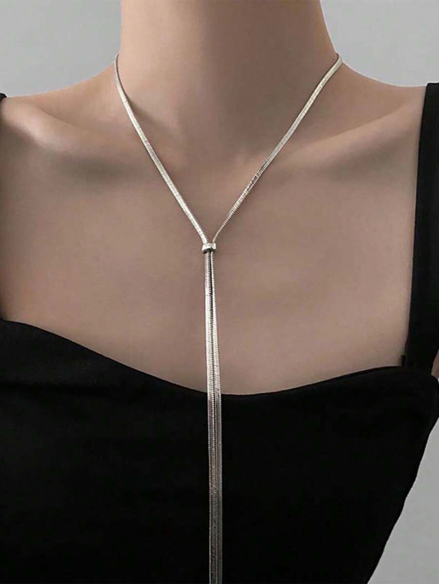 1 pieza Collar minimalista de largo filo con cadena de acero inoxidable dorada para mujer, cadena para suéter - Plateado - Ver 1
