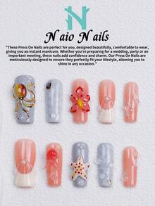 NAIO 10Pcs/Set Handmade Press On Nails, 3 Sizes: Coffin/Almond/Short Square Tips, Y2K Ocean Style, Gray Peach Pink French Edge, 3D Octopus Flower Design,Shell Pattern,Pearl Iridescent Flake Decor, Women Girls,Party Daily Wear, Tool Kit, Gift Nail Supplies - Multicolor - View 18