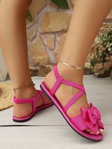 Damen Mode Schleife Strand Sandalen, Kreuzriemen Design, Schleife Flache Sandalen, Elastisches Band Damen Sandalen, Sommer Outdoor Bequeme Sandalen - Heißes Pink - Übersicht 5