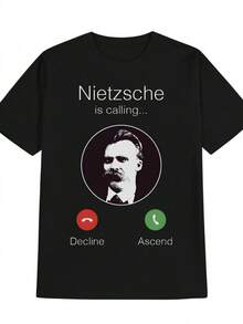 Camiseta Divertida de Filosofía de Nietzsche para Hombres: "La Llamada Llega, Pero Tu Teléfono Está Muerto" - Estampado Humorístico con Iconos de Teléfono y Diseño Filosófico, Cuello Redondo - Multicolor - Ver 1