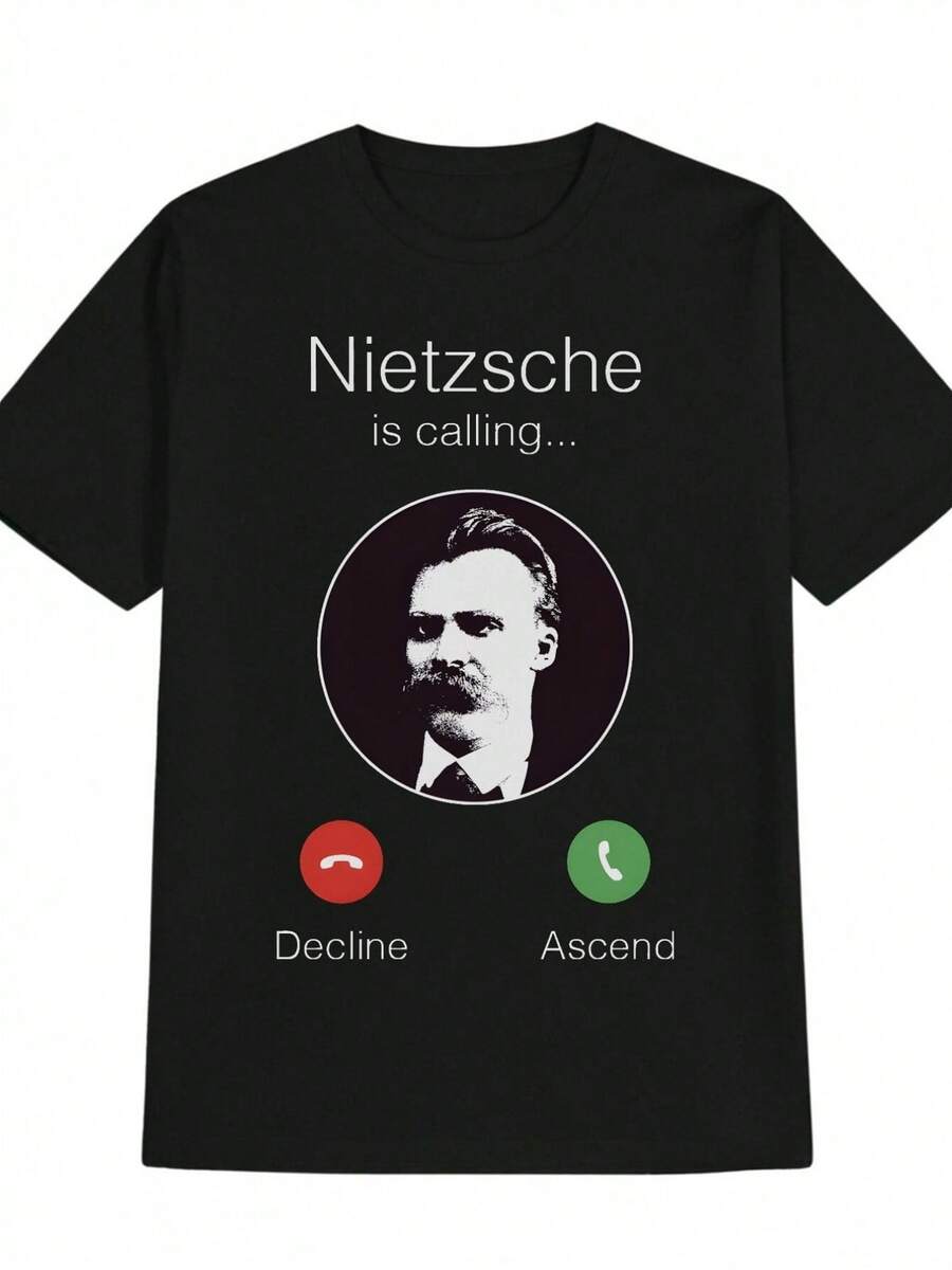 Camiseta Divertida de Filosofía de Nietzsche para Hombres: "La Llamada Llega, Pero Tu Teléfono Está Muerto" - Estampado Humorístico con Iconos de Teléfono y Diseño Filosófico, Cuello Redondo - Multicolor - Ver 1