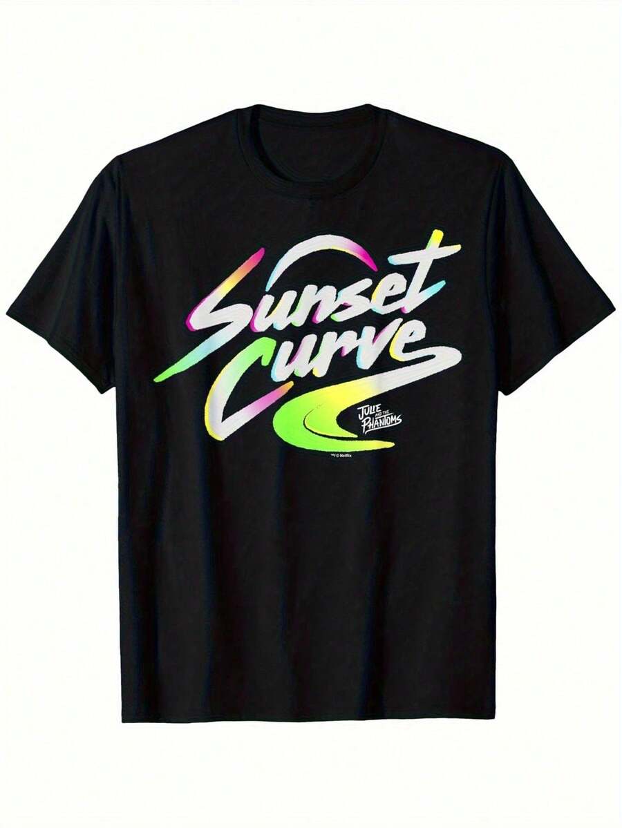 Julie And The Phantoms Sunset Curve Logo T-Shirt, Black Cotton Sunset T-Shirt For Men And Women, Fashionable, Soft And Comfortable, Printed, Birthday Gift Ideas - 黑色 - 查看 1