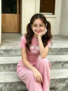 Girls' English Letter Print Short Sleeve T-Shirt And Pants Casual Set, Suitable For Summer Wear, Back To School Season Outfit - Baby Pink - View 2