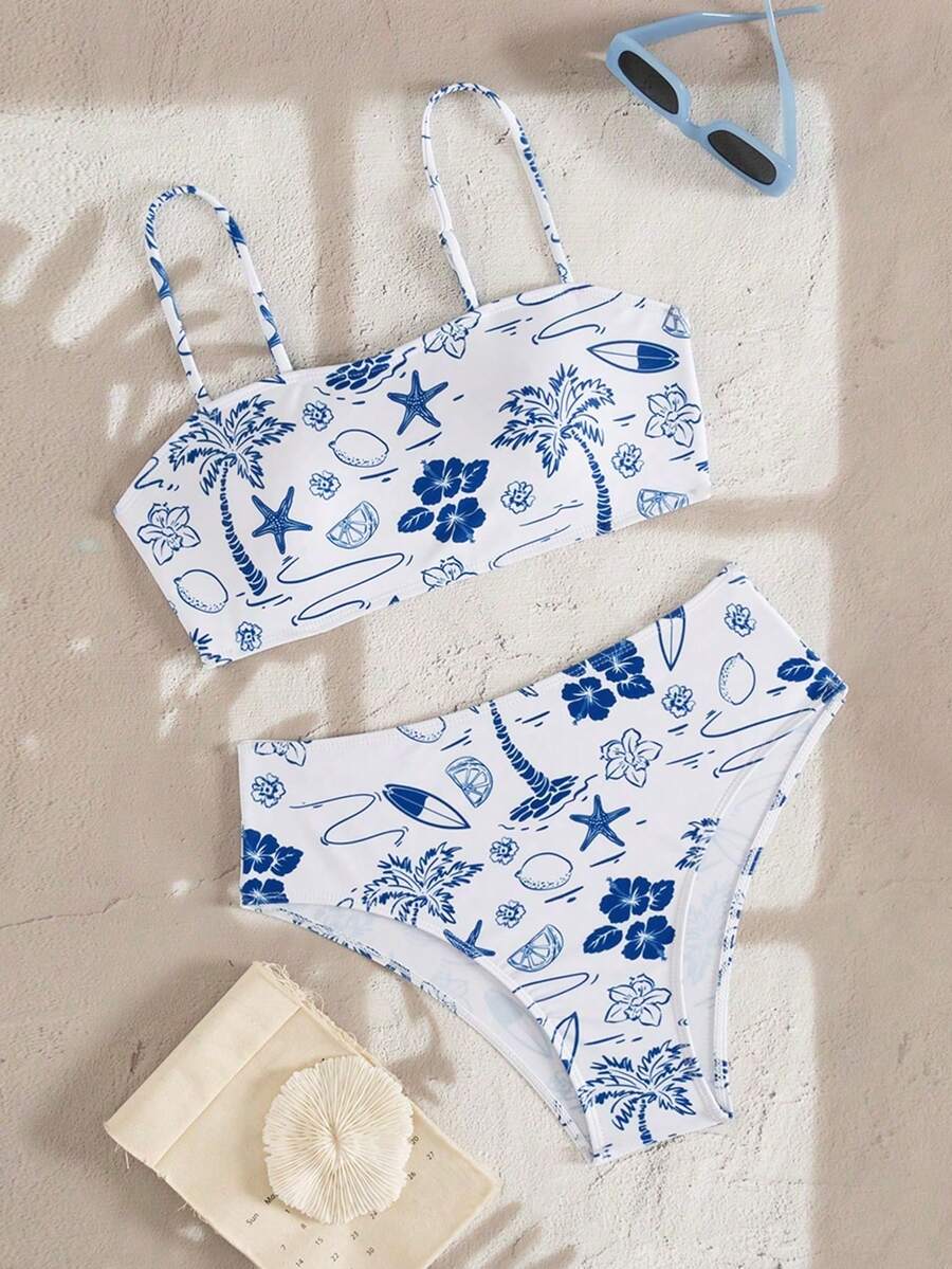 Conjunto de bikini de top bandeau y Bottom de cintura alta con estampado de rayas aleatorias, informal y sexy para vacaciones de mujer, primavera/verano - Azul y blanco - Ver 1
