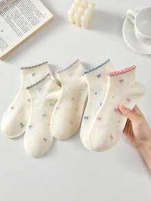 5 Pares de Meias Curtas Casuais e Confortáveis Femininas com Babado e Estampa de Laço - Multicolorido - Visão 2