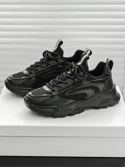 Men's Fashion Classic Pure Black Mesh Patchwork Low-Top Lace-Up Thick Sole Chunky Sneakers, Outdoor Daily Commute Versatile All-Season Wearable Street Style Cool Sports Sneakers For Teenagers
