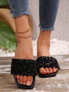 1 Pair Flat Slide Sandals/Solid Color Flat Design Shiny Upper Exquisite Design Rhinestone Decor Easy To Put On And Take Off Easy To Clean Elegant Sophisticated Fashion Versatile Suitable For Daily Wear Shopping Dating Vacation Travel Must-Have Slide Sandals - Black - View 7