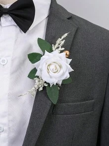 1 pieza/6 piezas Boutonniere de rosa blanca y aliento de bebé para hombre, elegante corsage de muñeca de rosa, adecuado para novio, padrino de boda, decoración de boda, novia, corsage de muñeca de dama de honor - Blanco - Ver 6