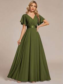 EVERPRETTY Summer Early Autumn Elegant Romantic Chiffon V-Neck Pleated Butterfly Sleeve Bridesmaid Dress, Suitable For Wedding Guests, Semi-Formal Occasions Fall - Olive Green - View 4