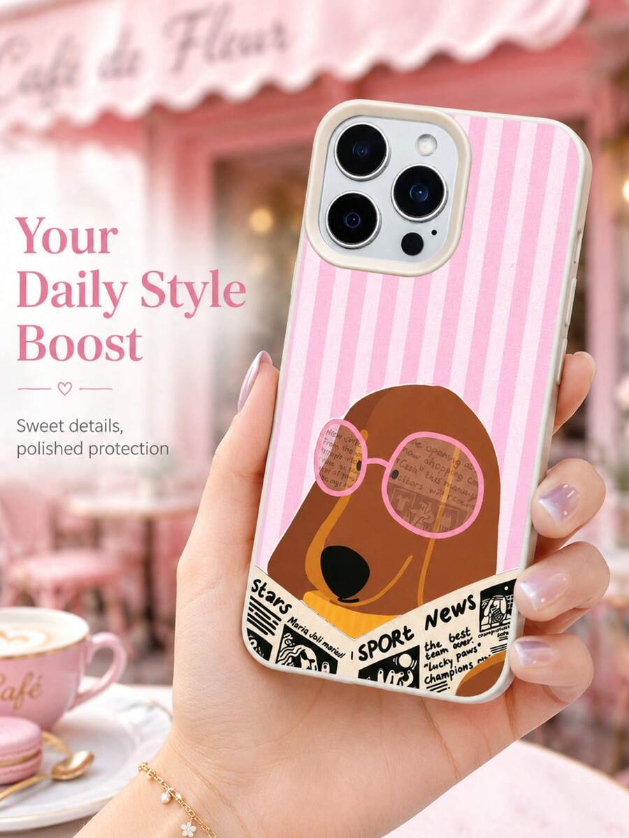 1個適用於 iPhone 17/16/15/14/13/12/11 臘腸狗風格，粉色與白色條紋軟殼，全覆蓋防震手機保護殼，趣味眼鏡狗印花 - 米色 - 查看 1