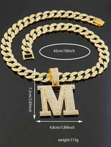 Rhinestone Large Letter M Pendant Cuban Chain, Men's Hip Hop Shiny Diamond Necklace Jewelry - M Pendant Necklace - View 6