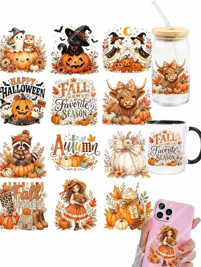 2pcs Autumn Halloween Thanksgiving Pumpkin DIY UV DTF Removable Transfer Stickers, Suitable For Mugs, Coffee Cups, Glass Cups, Tumblers, Laptops, Phone Cases, Greeting Cards, Illustration, Party Cup Labels Decoration