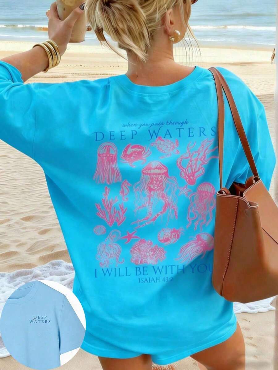 A Loose And Versatile Top With A Round Neck, Ideal For Everyday Wear And Vacations. Women's Graphic T-Shirts, Pink Top - Unisex, Comfortable, Urban Vintage Style, Loose Fit, Washed T-Shirt - 藍色 - 查看 1