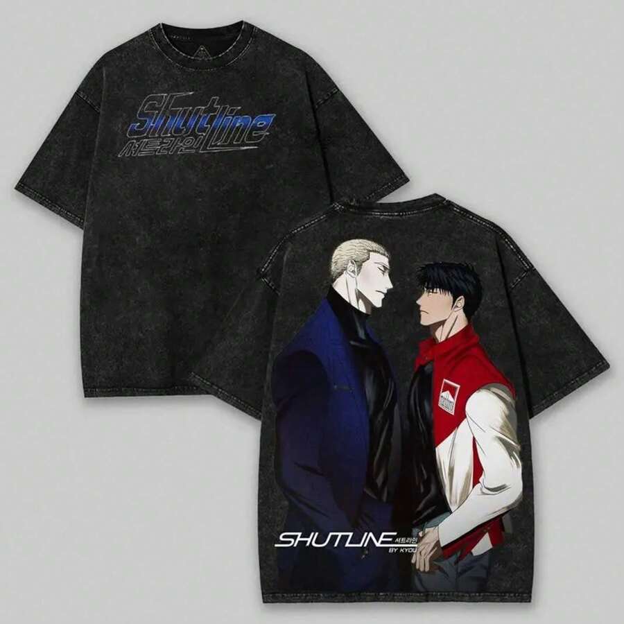 Shutline Manhwa Unisex Vintage Washed Graphic T-Shirt, Soft And Thick Cotton, Korean BL Streetwear T-Shirt, BL Clothing For Men, Anime And Manhwa Lovers - 黑色 - 查看 1