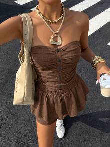 女款夏季海灘度假風休閒純色百褶短款抹胸上衣與雙層裙褲套裝，優雅 - 咖啡棕 - 查看 4
