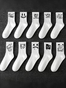 1/5/6/10/12雙隨機混色男女通用圓形襪，黑白對比幽靈臉圖案設計，創意時尚高品質透氣吸濕排汗襪，適合運動、休閒、街頭風、日常穿著－黑色襪子、白色襪子、運動襪、高筒襪、男士防滑襪、男士趣味襪。萬聖節，送給男士的禮物。籃球用品，男裝。學校襪，學校，返校 - 彩色 - 查看 5