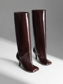 Women's Knee High Boots Square Toe Stiletto Heel Wide Calf Slouchy Boot  Fashion Comfort  Long Tall Boots Fashion Women Shoes - 酒紅色 - 查看 4