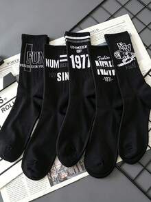 4 paires de chaussettes mi-mollet pour hommes, contraste noir & blanc aléatoire avec lettres & chiffres, haute élasticité, côtelées, respirantes, absorbantes, portables toute l'année, style de rue cool, convient pour le campus, les sorties, le quotidien, les festivals de musique, les fêtes, les sports - Multicolore - Voir 7