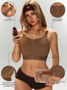 1pc Women's Sports Bra, Back Support & Bust Lift, Anti-Sagging, Front Zipper, Beautiful Back, Yoga Sports Casual Wear Tank Top - Khaki - View 4